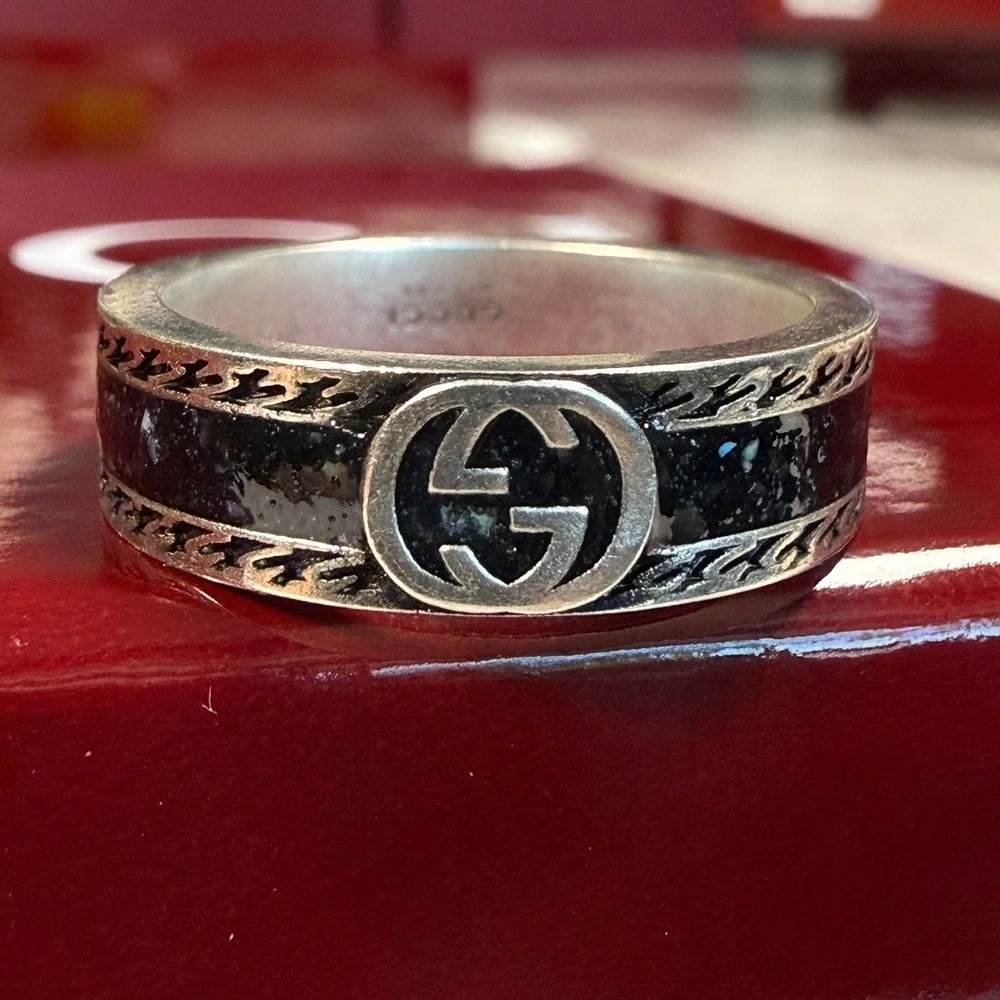 Gucci Interlocking GG 745573 Black Resin Sterling Silver 925 Ring Size 20 US 9